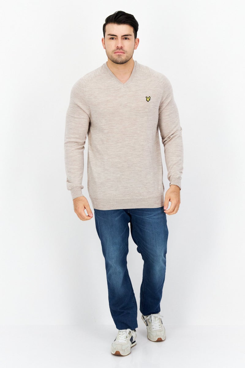 Lyle & Scott Men V-Neck Long Sleeve  Heather Sweater, Heather Beige - Image 3