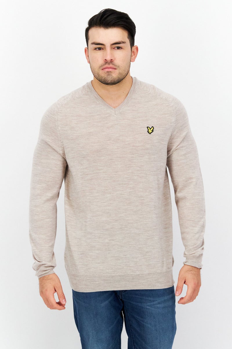 Lyle & Scott Men V-Neck Long Sleeve  Heather Sweater, Heather Beige - Image 1