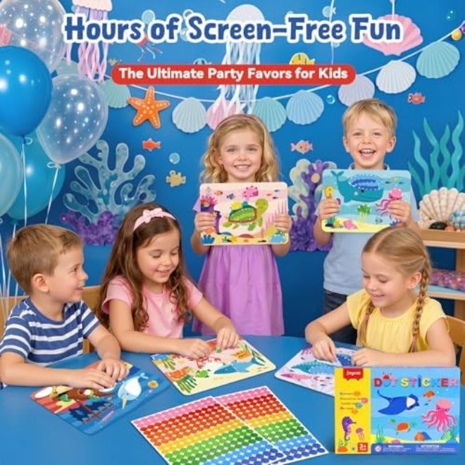 JoyCat 12 Pack Ocean Dot Art Craft Kits for Kids Party Favors, Mess-Free Dot Sticker Activity Set with 2400+ Stickers & Goodie Bags, Sea Animal Classroom Prizes, Goodie Bag Stuffers Ages  3-8 - Image 4