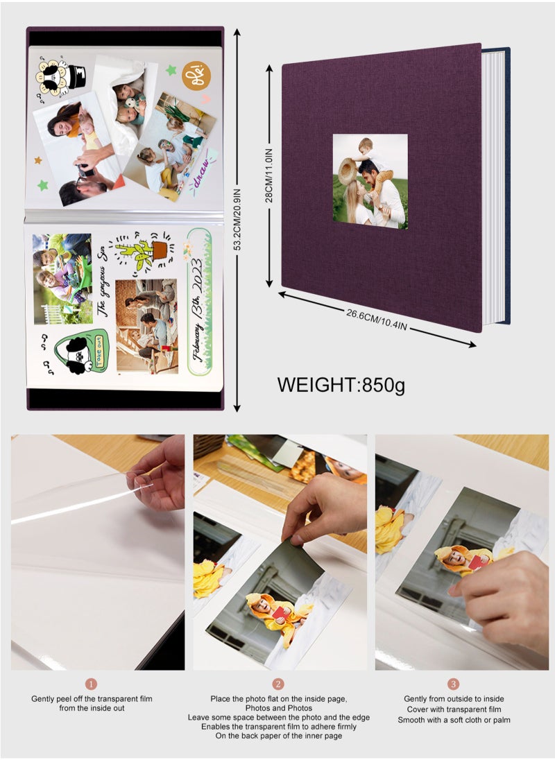 HomarKet Large Photo Album Scrapbook with Window, Linen Self Adhesive Scrapbook Album, Wedding Anniversary Birthday Valentines Day, 28cm x 27cm 40 Blank Pages Memory Book with A Metallic Pen Purple  - Image 3