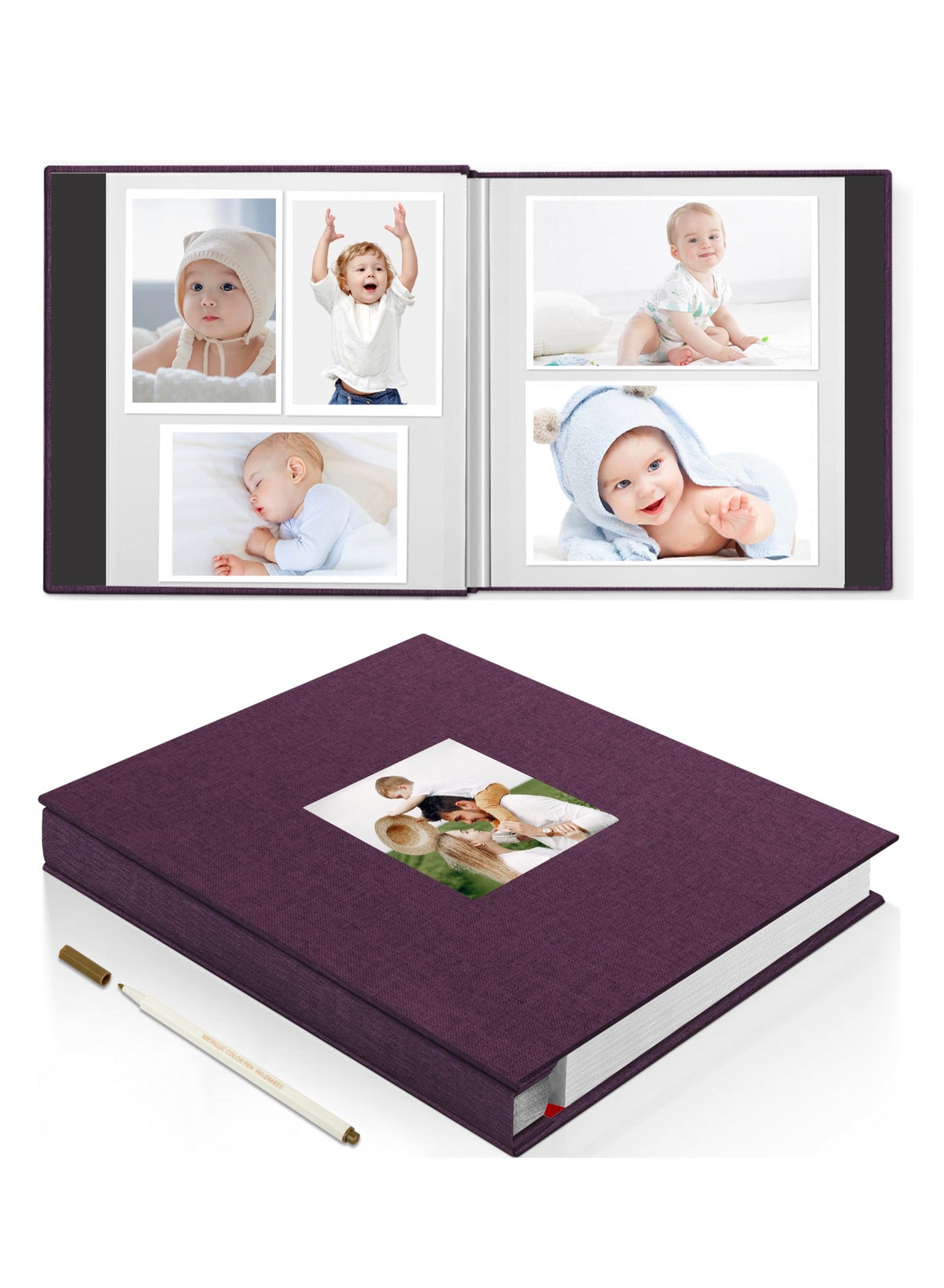 Large Photo Album Scrapbook with Window, Linen Self Adhesive Scrapbook Album, Wedding Anniversary Birthday Valentines Day, 28cm x 27cm 40 Blank Pages Memory Book with A Metallic Pen Purple
