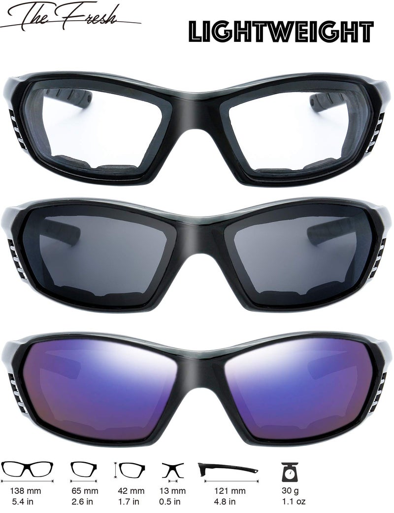 The Fresh Motorcycle Riding Glasses Padded Frame Lens Block 100% UVB for Outdoor Activity Sport (24-Black, Clear, Grey, & Blue Mirror) - Image 2