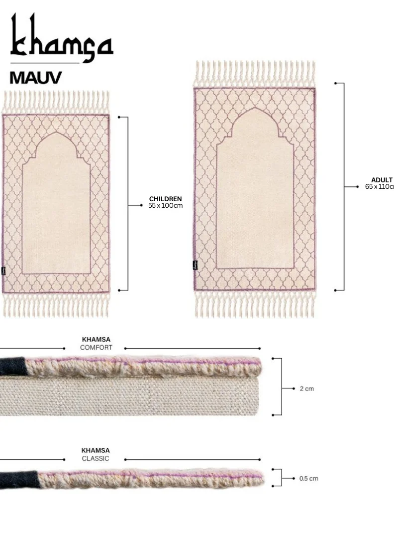 KHAMSA Comfort | Muslim Prayer Rug Prayer Mat with Added Foam Adult Size 65 cm x 110 cm Arabic Style Janamaz in 100% Soft Organic Cotton Fabric Handcrafted Arabic Design | Mauv - Lavender
