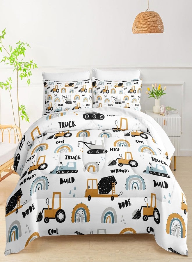 QOOMO Cartoon Bulldozer Room Decoration Comforter, Construction Vehicle 7 Piece Kids Bedroom Decor Set, Queen Size with Child Bed Sets with 2 White Pillowcases, 2 Print Pillowcases - Image 1