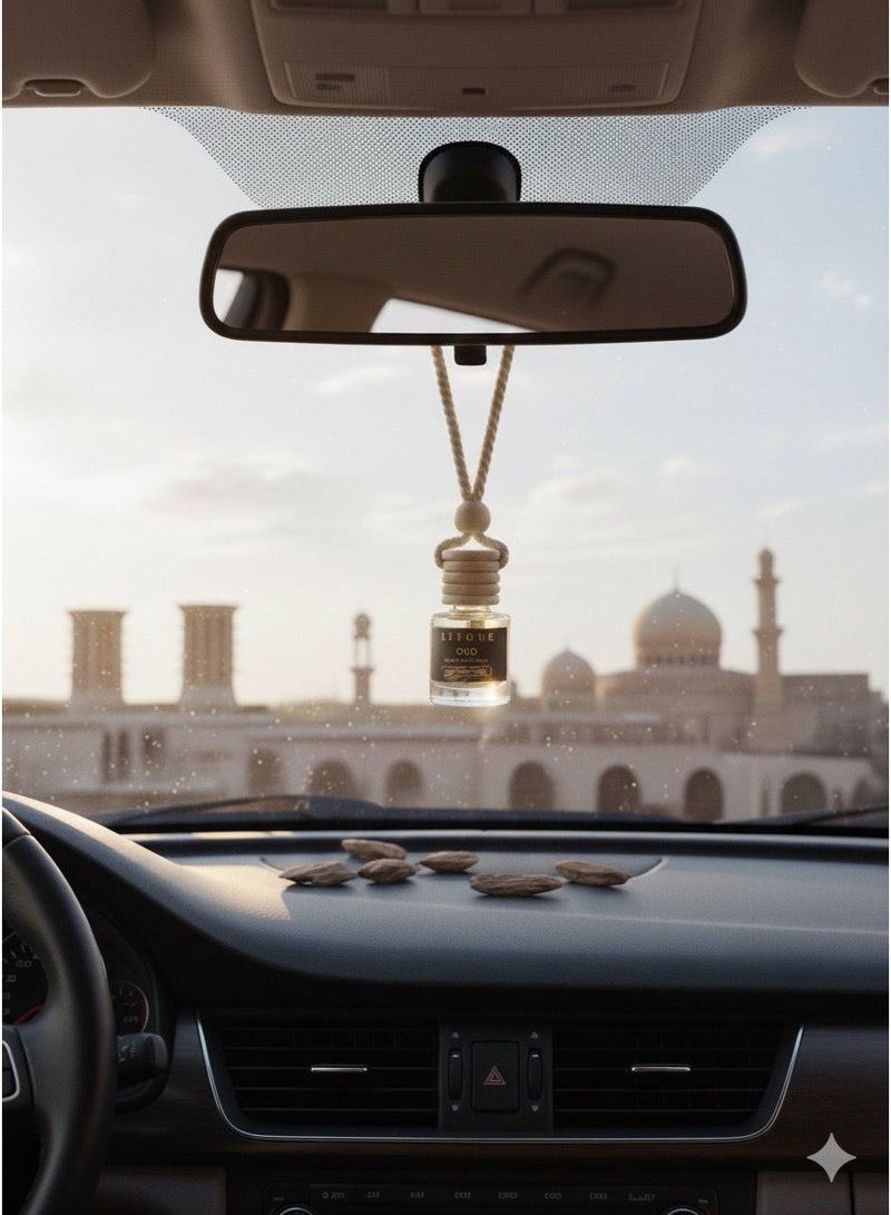 Litore Car Air Freshener 8 ml | Long-Lasting Hanging Diffuser with Essential Oils | Car Perfume for Odor Removal | Elegant Glass Bottle & Wooden Cap Design (Oud) - Image 4