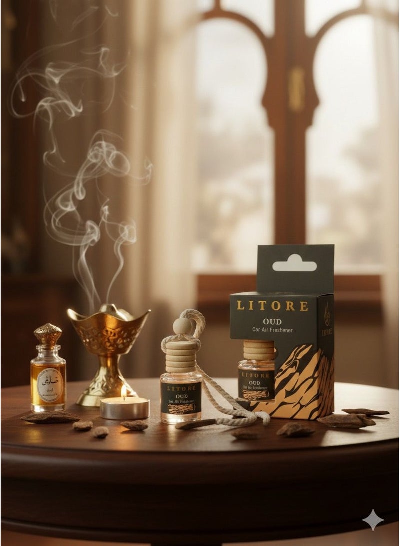 Litore Car Air Freshener 8 ml | Long-Lasting Hanging Diffuser with Essential Oils | Car Perfume for Odor Removal | Elegant Glass Bottle & Wooden Cap Design (Oud) - Image 5