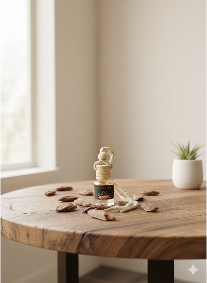 Litore Car Air Freshener 8 ml | Long-Lasting Hanging Diffuser with Essential Oils | Car Perfume for Odor Removal | Elegant Glass Bottle & Wooden Cap Design (Oud) - Image 3