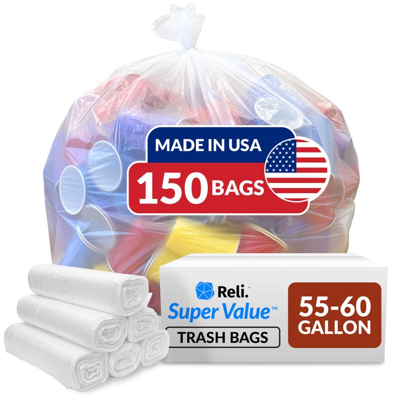 Reli. Easy Grab Trash Bags, 55-60 Gallon (150 Count) (Clear) - Star Seal Super High Density Rolls - Heavy Duty Can Liners, Garbage Bags, Bulk Bags - 50, 55, 60 Gallon Capacity - Image 1