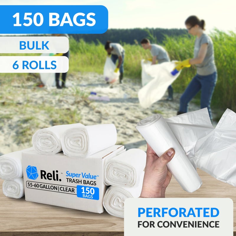 Reli. Easy Grab Trash Bags, 55-60 Gallon (150 Count) (Clear) - Star Seal Super High Density Rolls - Heavy Duty Can Liners, Garbage Bags, Bulk Bags - 50, 55, 60 Gallon Capacity - Image 3