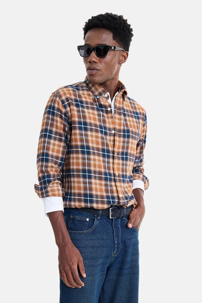 سنيتش Brown Checkered Long Sleeve Regular Fit Shirt