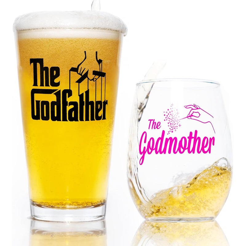 Movies On Glass The Godfather  Godmother Printed Pint  Stemless Wine Glass Set  Premium Quality Licensed Handcrafted Glassware  A Collectible Gift for Godparents Movie Lovers  Special Occasions 