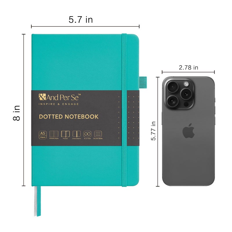 &And Per Se ⩓ Per Se Dotted Journal Notebook  A5 Hardcover Leather Bullet Dotted Journal  160 Pages 100 Gsm Thick Paper  3 Sheets Of Stickers Included- 5.7'' X 8'' (Turquoise) - Image 2