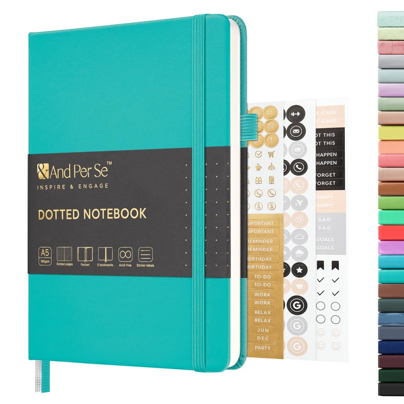 &And Per Se ⩓ Per Se Dotted Journal Notebook  A5 Hardcover Leather Bullet Dotted Journal  160 Pages 100 Gsm Thick Paper  3 Sheets Of Stickers Included- 5.7'' X 8'' (Turquoise) - Image 1