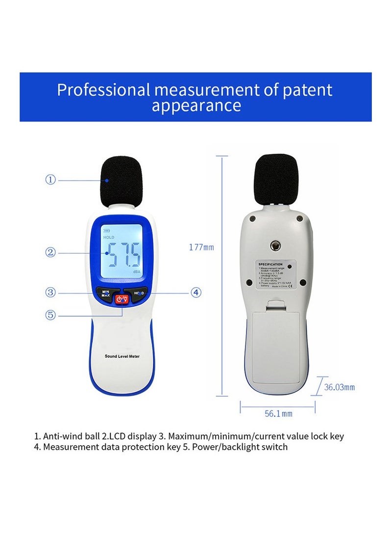 Decibel Meter Sound Level Reader 30-130dB(A), Hand-held Sound Noise Meter, Digital Noise Meter Decibel Monitoring Tester Calibrated Audio Noise Volume Measuring Tool
