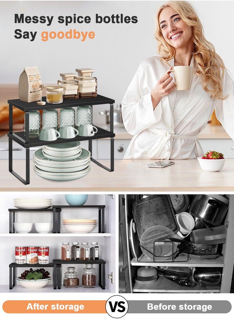 HomarKet Cabinet Organizer Shelf Set of 2 Kitchen Counter Shelves Kitchen Storage Spice Rack Stackable Expandable Metal and Engineered Wood Black  - Image 4