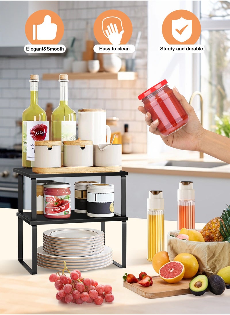 HomarKet Cabinet Organizer Shelf Set of 2 Kitchen Counter Shelves Kitchen Storage Spice Rack Stackable Expandable Metal and Engineered Wood Black  - Image 2