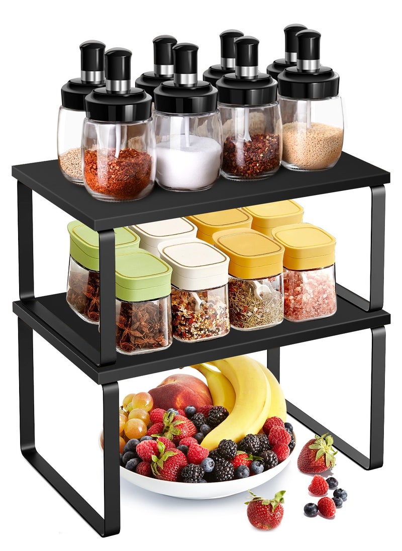 HomarKet Cabinet Organizer Shelf Set of 2 Kitchen Counter Shelves Kitchen Storage Spice Rack Stackable Expandable Metal and Engineered Wood Black  - Image 1