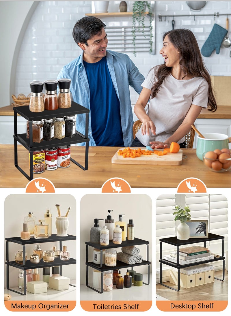 Cabinet Organizer Shelf Set of 2 Kitchen Counter Shelves Kitchen Storage Spice Rack Stackable Expandable Metal and Engineered Wood Black