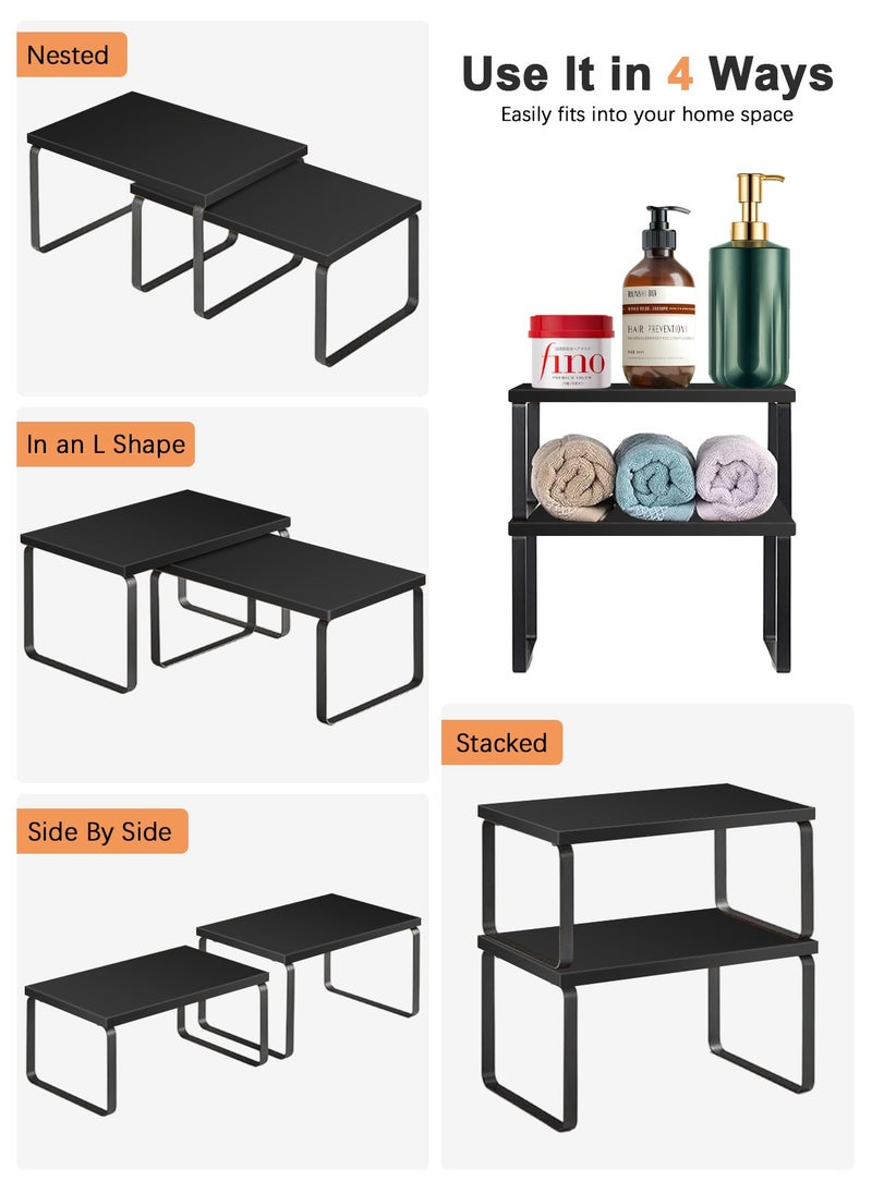HomarKet Cabinet Organizer Shelf Set of 2 Kitchen Counter Shelves Kitchen Storage Spice Rack Stackable Expandable Metal and Engineered Wood Black  - Image 5