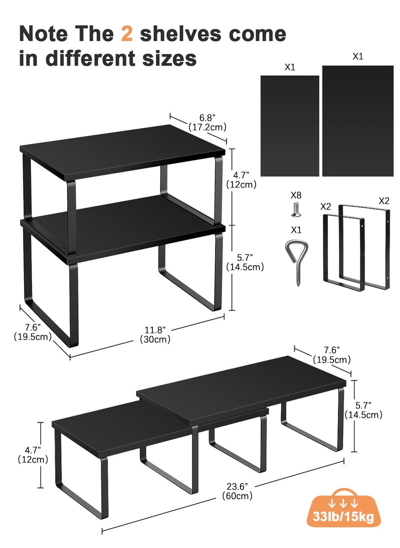 HomarKet Cabinet Organizer Shelf Set of 2 Kitchen Counter Shelves Kitchen Storage Spice Rack Stackable Expandable Metal and Engineered Wood Black  - Image 3