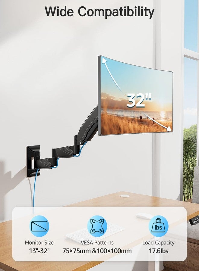ErgoFocus Long Arm Monitor Wall Mount for Max 32 inch Computer Screen, Extra Long Adjustable Single Wall Mount Monitor Arm, Full Motion Vesa Wall Bracket 100x100, Hold up to 17.6lbs, Black - Image 4