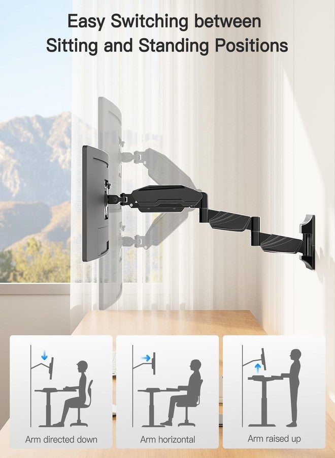 ErgoFocus Long Arm Monitor Wall Mount for Max 32 inch Computer Screen, Extra Long Adjustable Single Wall Mount Monitor Arm, Full Motion Vesa Wall Bracket 100x100, Hold up to 17.6lbs, Black - Image 3
