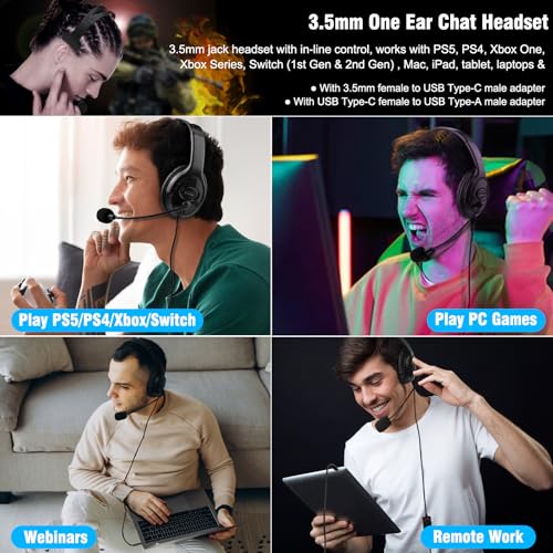 Joso Wired One Ear Headset with Mic, Gaming Headset for PS5/PS4/Xbox/Switch/PC/iPad/Mac/Tablet with USB C & USB-A Adapter - Chat Headphone, Business, Coach, Gaming, Working, Graphite | One Ear - Image 3