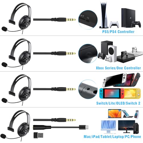 Joso Wired One Ear Headset with Mic, Gaming Headset for PS5/PS4/Xbox/Switch/PC/iPad/Mac/Tablet with USB C & USB-A Adapter - Chat Headphone, Business, Coach, Gaming, Working, Graphite | One Ear - Image 2