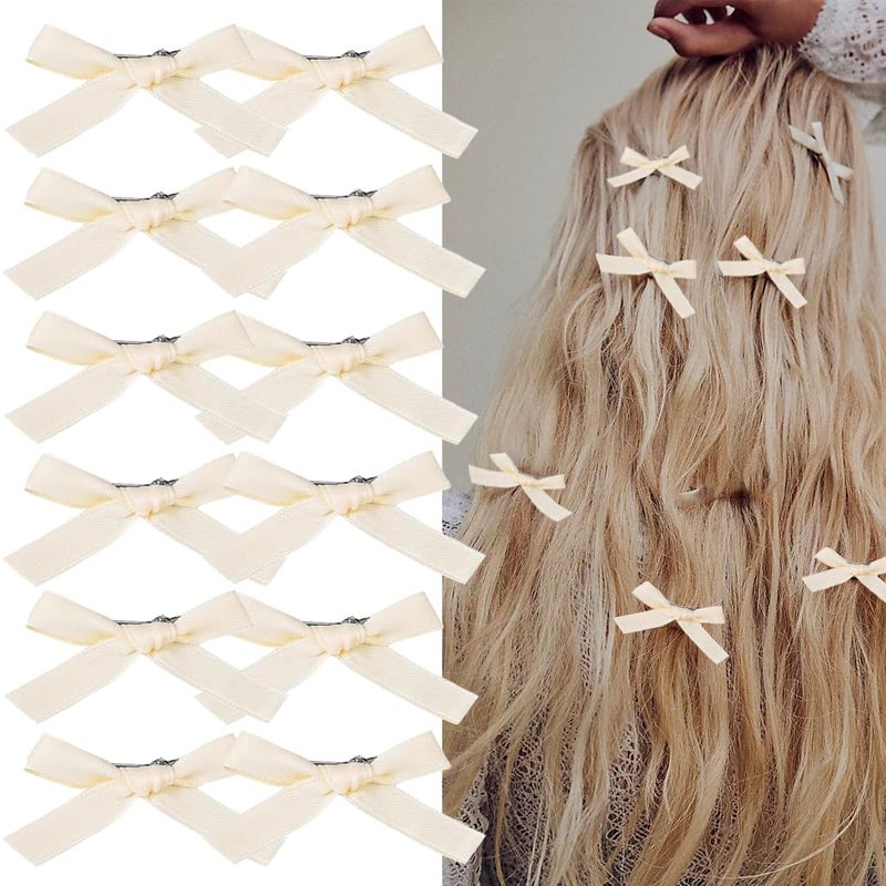 12PCS Beige Hair Accessories  Silk Hair Ribbons Clips Mini Bows and Barrettes for Women and Girls