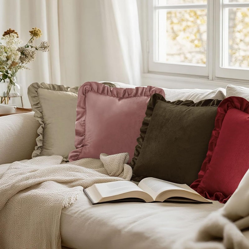 JIUZHEN Couch Throw Pillow Covers 16x16 Inch，Velvet Decorative Soild Throw Pillow Covers for Sofa Livingroom Bed，Set of 2 with Ruffles，Burgundy - Image 5