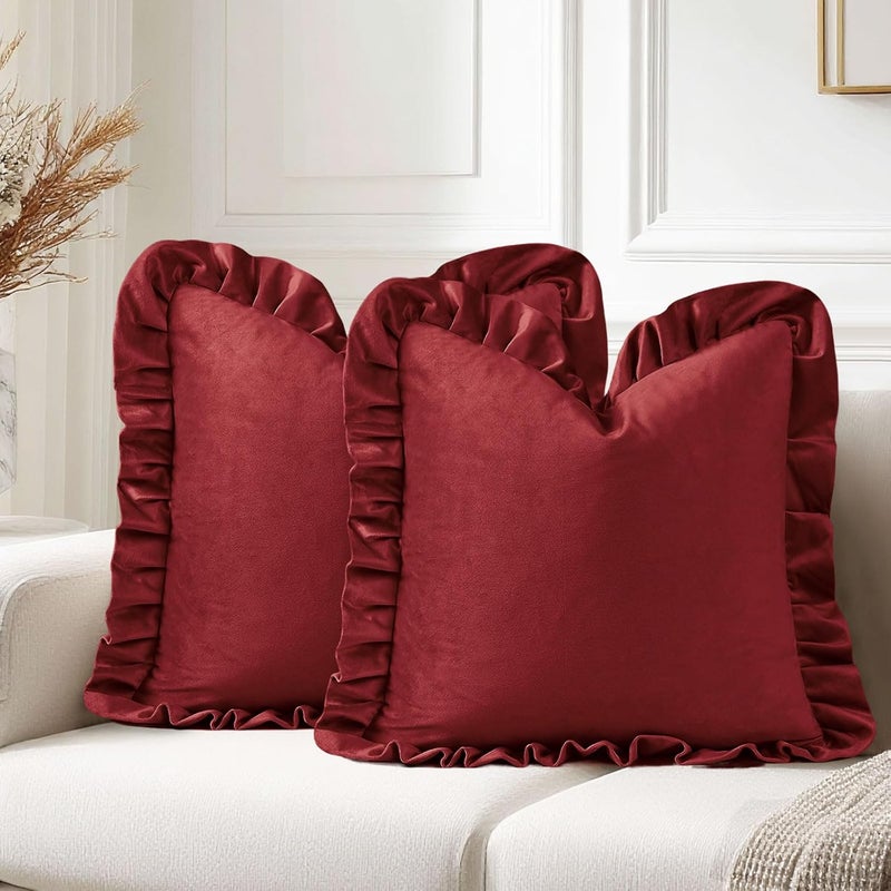 JIUZHEN Couch Throw Pillow Covers 16x16 Inch，Velvet Decorative Soild Throw Pillow Covers for Sofa Livingroom Bed，Set of 2 with Ruffles，Burgundy - Image 1