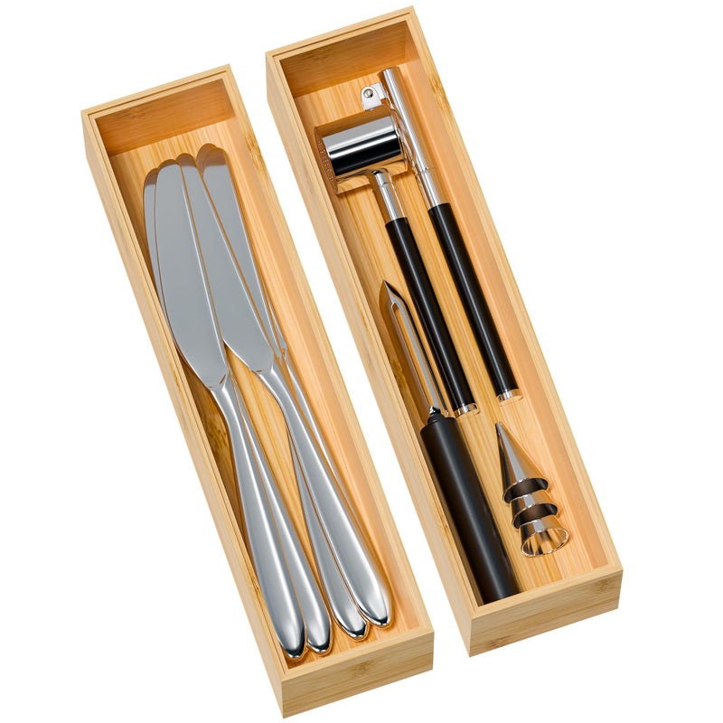 Greatseas Kitchen Drawer Organizer Bins, Stackable Bamboo Deep Drawer Organizer for Silverware, Utensils, Cutlery, Flatware, Junk Drawer, Dresser, Bathroom, 12" x 3" x 2.5" (Set of 2) - Image 1