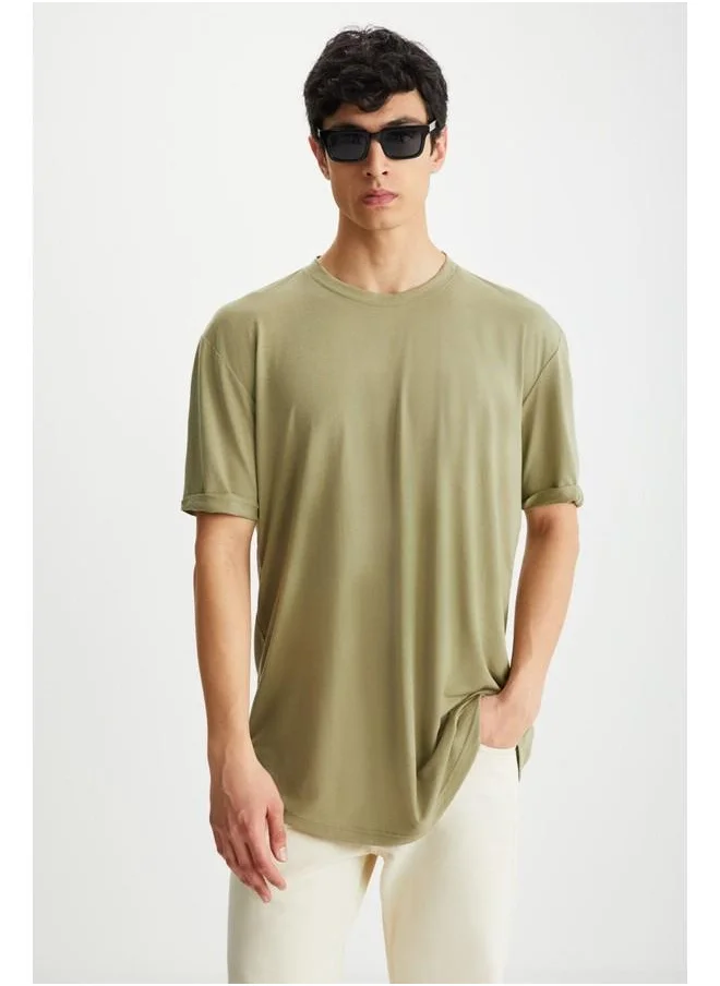 GRIMELANGE Grimelange Oscar Men's Comfort Fit Long Draped Fabric Khaki T-Shirt