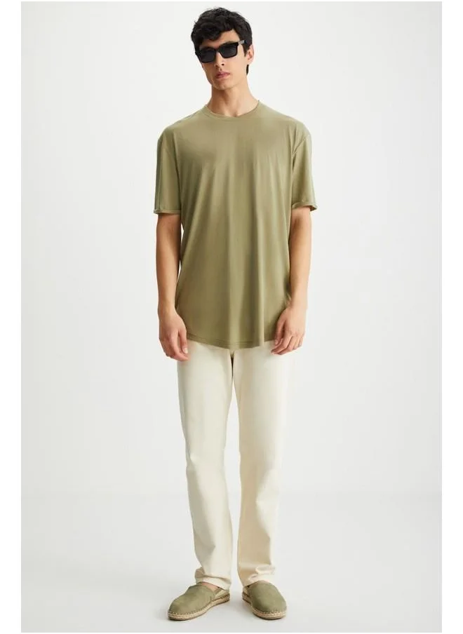 GRIMELANGE Grimelange Oscar Men's Comfort Fit Long Draped Fabric Khaki T-Shirt