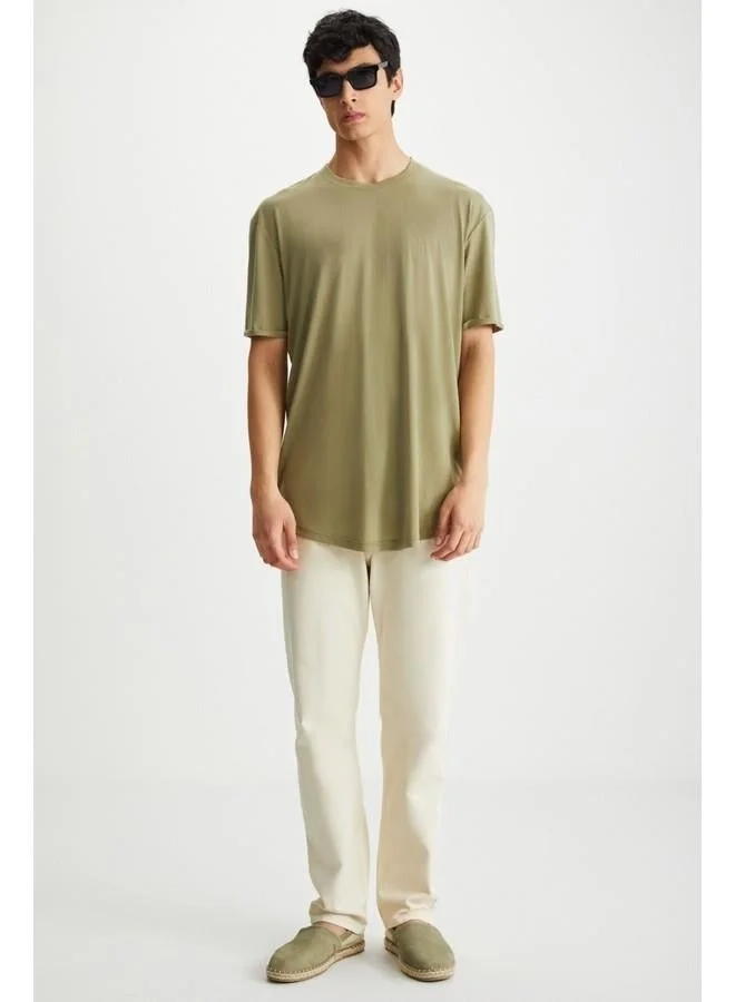 GRIMELANGE Grimelange Oscar Men's Comfort Fit Long Draped Fabric Khaki T-Shirt