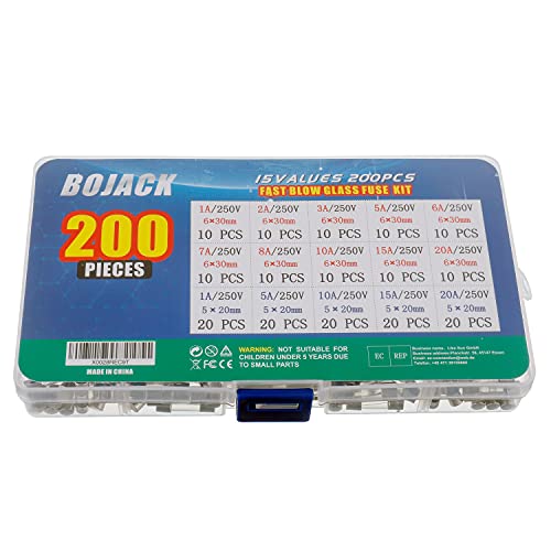 BOJACK 15 Values 200 pcs Fast-Blow Glass Fuses Assortment Kit 5x20mm 250V 1 5 10 15 20A 6x30mm 250V 1 2 3 5 6 7 8 10 15 20A amp packag in a Clear Plastic Box - Image 3
