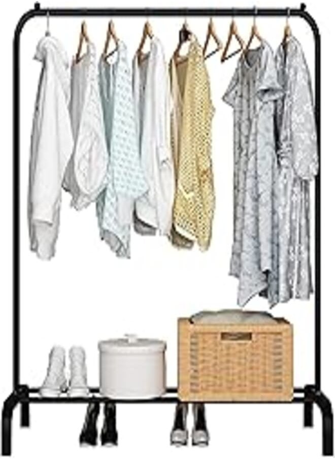 HOUSE OF QUIRK House of Quirk Metal Garment Rack Heavy Duty Indoor Bedroom Clothes Coat Stand Shoes Rack, with Top Rod and Lower Storage Shelf Clothes Rack (150x117cm) (No Hook Black) 