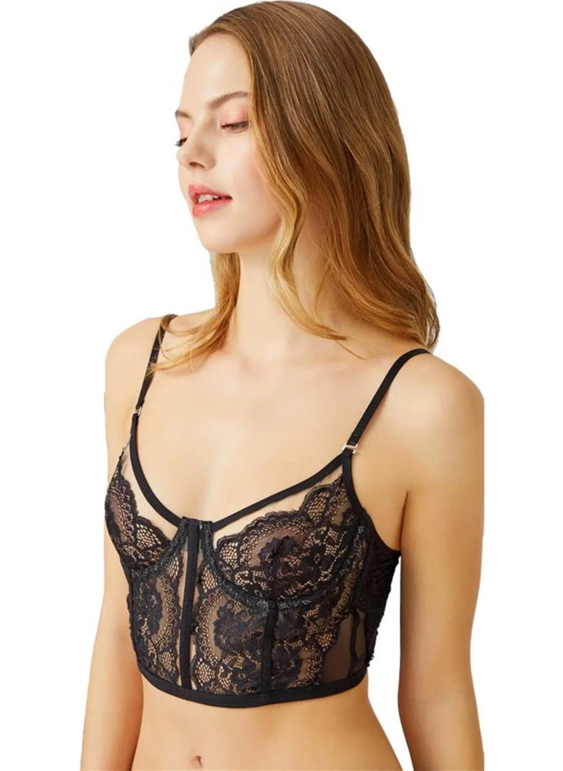 COTTONHILL Black Adjustable Elastic Underwire Transparent Lace Bralette
