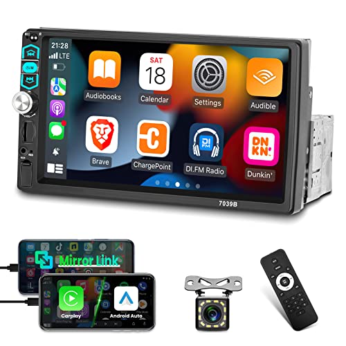 EKAT Single Din Car Stereo with Wired Carplay & Android Auto, 7 inch Touch Screen 1 Din Radio, Mirror Link/1080P/Bluetooth/SWC/FM Radio+ Backup Camera+ MIC - Image 1