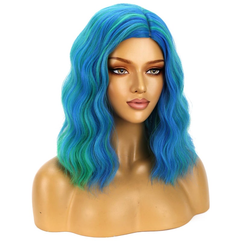 BERON Green and Blue Wigs for Women Girls Short Curly Wavy Hair Wig Colored 14" Body Wave Halloween Cosplay Daily Party Wigs - Image 3