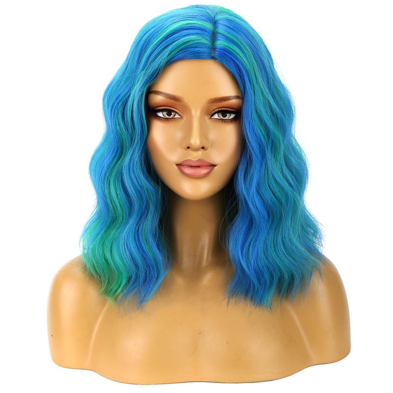 BERON Green and Blue Wigs for Women Girls Short Curly Wavy Hair Wig Colored 14" Body Wave Halloween Cosplay Daily Party Wigs - Image 2