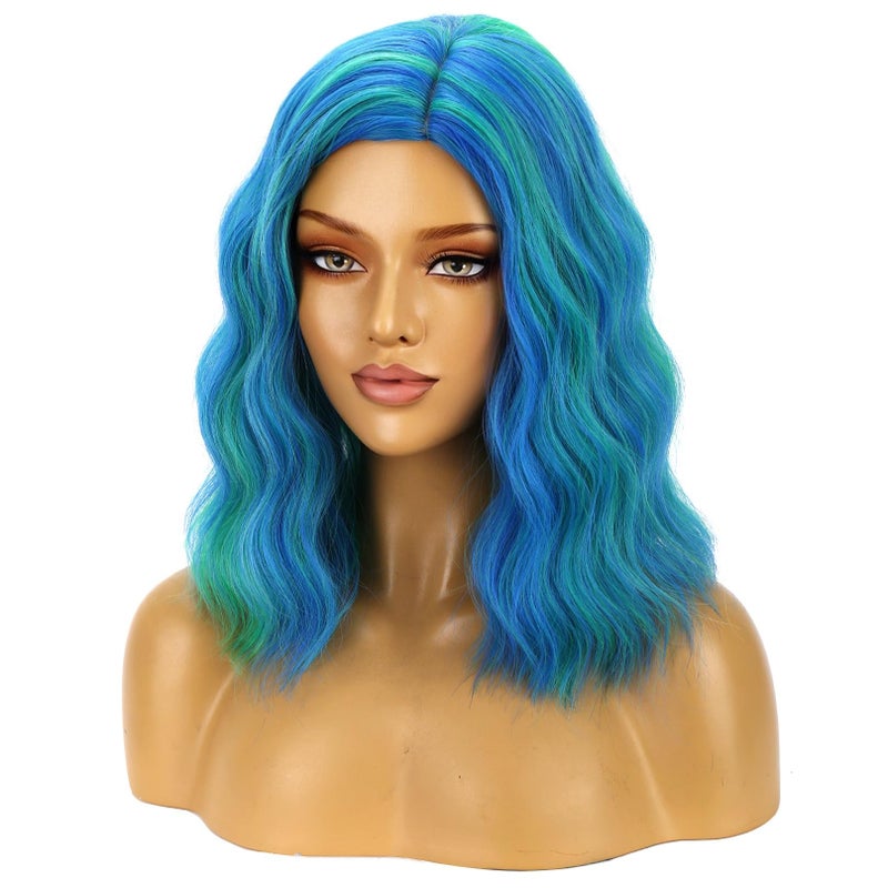 BERON Green and Blue Wigs for Women Girls Short Curly Wavy Hair Wig Colored 14" Body Wave Halloween Cosplay Daily Party Wigs - Image 1