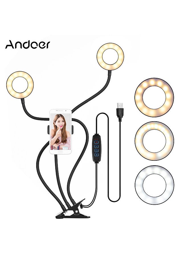 ANDOER - Andoer 3.5 Inch Clip-On Mini USB Ring Light Fill-in Lamp Dual Lights 3 Lighting Modes Dimmable Flexible Arms Design with Phone Holder for Live Streaming Video Online Singing Chatting Selfies - Image 1