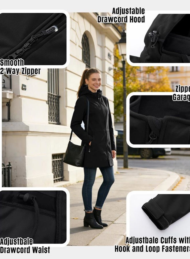 33,000ft Women's Waterproof Softshell Long Rain Jacket Raincoat with Hood Fleece Lined Windproof Windbreaker, Black-detachable Hood, L - Image 4