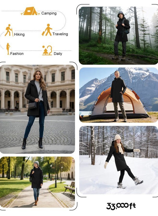 33,000ft Women's Waterproof Softshell Long Rain Jacket Raincoat with Hood Fleece Lined Windproof Windbreaker, Black-detachable Hood, L - Image 3