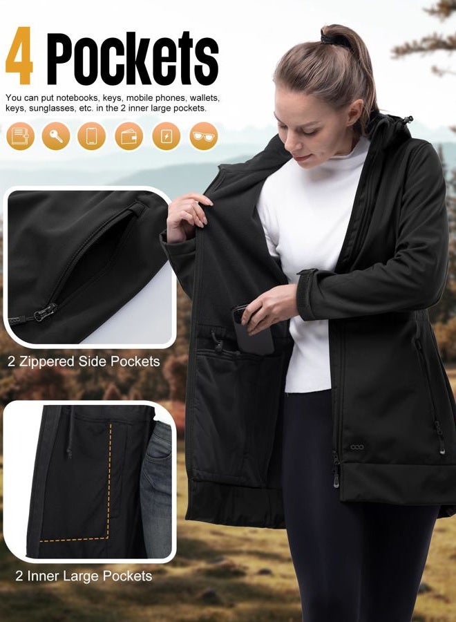 33,000ft Women's Waterproof Softshell Long Rain Jacket Raincoat with Hood Fleece Lined Windproof Windbreaker, Black-detachable Hood, L - Image 5