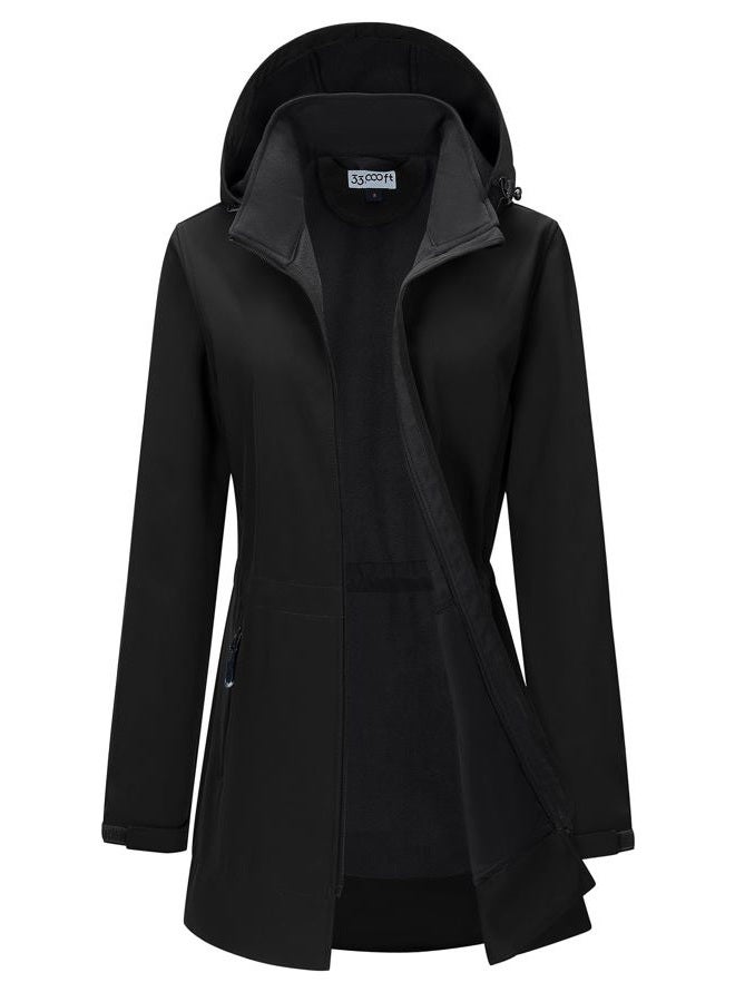33,000ft Women's Waterproof Softshell Long Rain Jacket Raincoat with Hood Fleece Lined Windproof Windbreaker, Black-detachable Hood, L - Image 1
