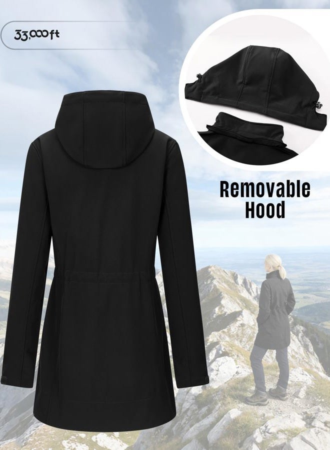 33,000ft Women's Waterproof Softshell Long Rain Jacket Raincoat with Hood Fleece Lined Windproof Windbreaker, Black-detachable Hood, L - Image 2