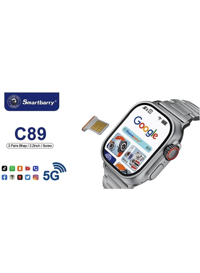سمارت باري ساعه C89 الذكيه اتصال 5G - مكالمات تعمل بنظام اندرويد مع ذاكره داخليه 64 جيجا , رام 4 جيجا تدعم جميع تطبيقات جوجل بلاي كهاتف بين يديك - شاشه عاليه الدقه بحجم 2.2 انش - Image 2