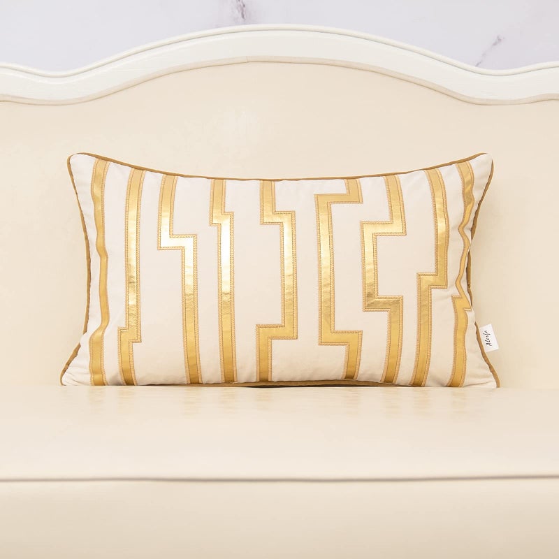 Alerfa Geometric Gold Leather Striped Throw Pillow Cover 12x20 Inch Luxury Velvet Embroidered Decorative Lumbar Pillow Cover for Couch Living Room Bedroom White